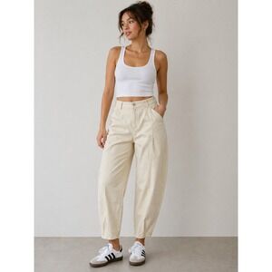 Monki Beige Cotton Twill Barrel Leg Pants High Waisted Balloon Trousers Size 38